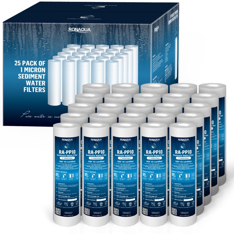 Ronaqua 1 Micron Sediment Water Filter Cartridge 10"x2.5", NSF Certified, 4-Layer Filtration for any 10-inch RO Units & Whole House Systems, Compatible with Culligan P5, AP110, WHKF-GD05, 25 Pack - Image 1